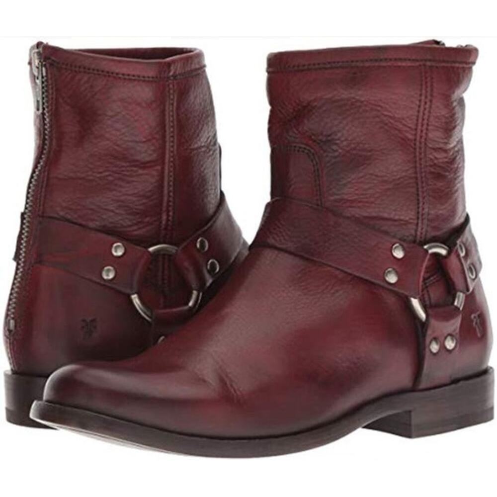 Frye Women's RED Phillip Harness Ankle Boots Rear Zip Closure Western Boho | 8